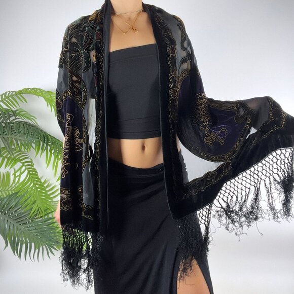 Vintage Black & Gold Silk Floral Velvet Whimsygoth Fairy Grunge Shawl Scarf - Picture 2 of 8